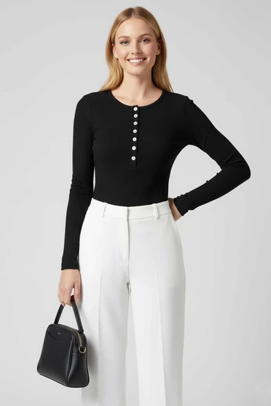 Çıtçıt Detaylı Bluz Siyah T4343 ürün görseli 1
