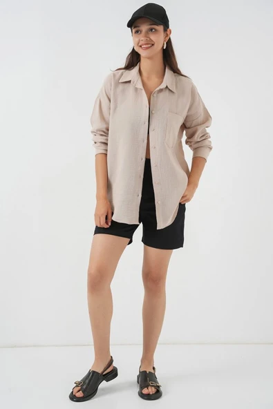 Tek Cepli Oversize Müslin Gömlek 20353 - Taş - Resim 2