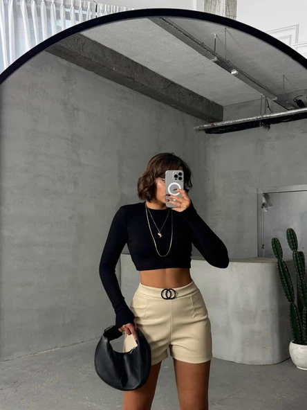 Tokalı deri şort h24444 - Resim 7