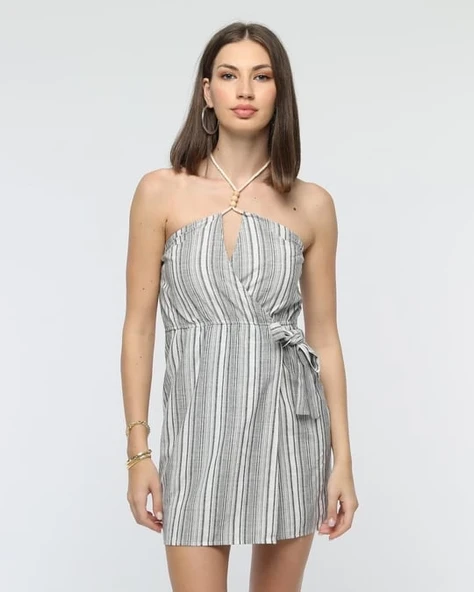 Kuşaklı çizgili mini keten elbise ürün görseli 1