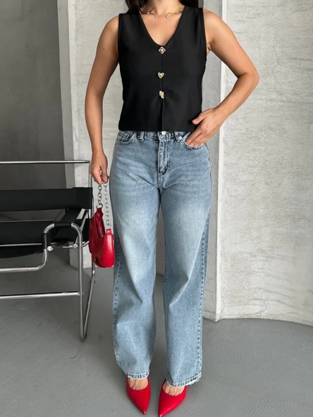 Palazzo straight kar yıkama jeans pantolon mavi d2008 - Resim 6