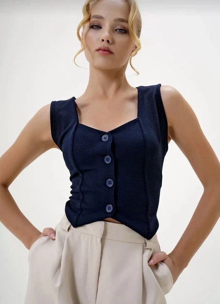 Krep kumaş düğmeli yelek lacivert s3395 - Resim 2