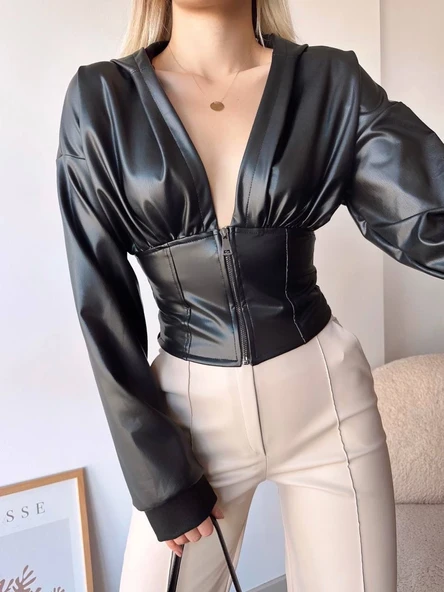 Kapşonlu yarım fermuarlı ceket siyah h24116 - Resim 2