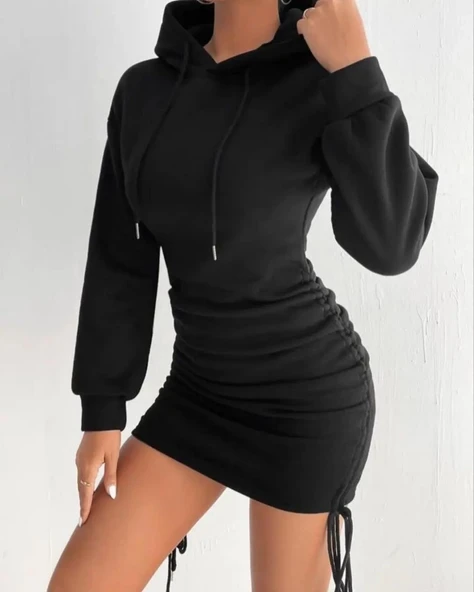 3 iplik şardonlu kapşonlu elbise siyah - Resim 4