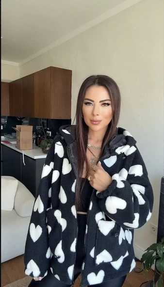 Kalpli peluş ceket içi astarlı siyahbeyaz - Resim 4