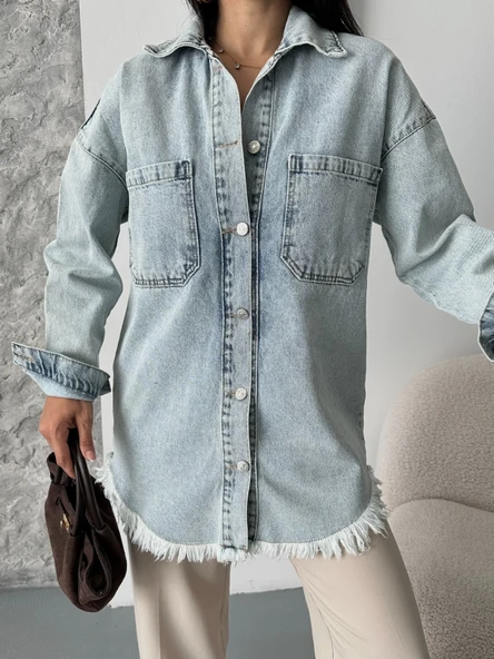 Cepli püsküllü kar yıkama kot ceket mavi d2515 - Resim 5