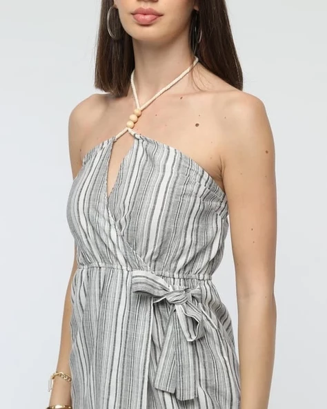 Kuşaklı çizgili mini keten elbise - Resim 7