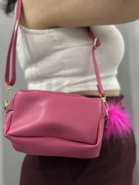 Ponpon fuşya cilt çanta - Resim 4