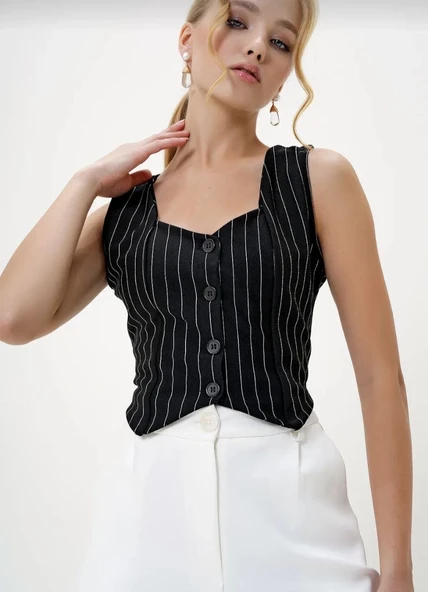 Çizgili krep düğmeli yelek siyah s3395 - Resim 3