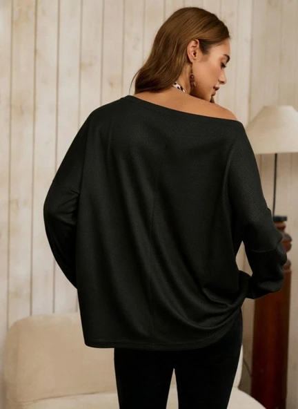 Kadın Tek Omuzdan Açık Yarasa Kollu Waffle Bluz - Resim 3