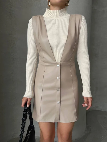 Deri jile elbise bej w24796 - Resim 4