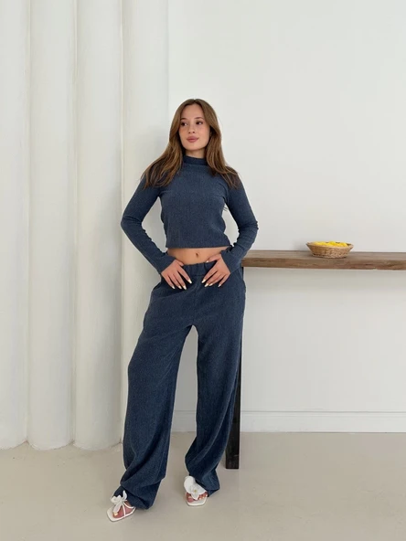 Balıkçı yaka örme takım lacivert st265865 - Resim 2