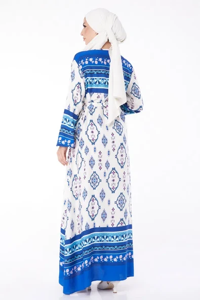 Düz Bisiklet Yaka Kadın Mavi Etnik Desenli Elbise - Resim 4
