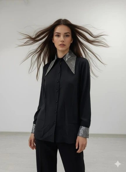 Kadın Uzun Kollu Yaka Ve Manşet Detay Gömlek ürün görseli 1