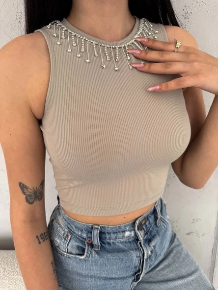 fitilli kaşkorse yakası zincirli atlet vizon ürün görseli 1