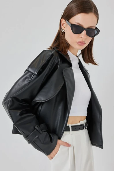 Oversize Deri Mont Ceket 1047 - Siyah - Resim 3