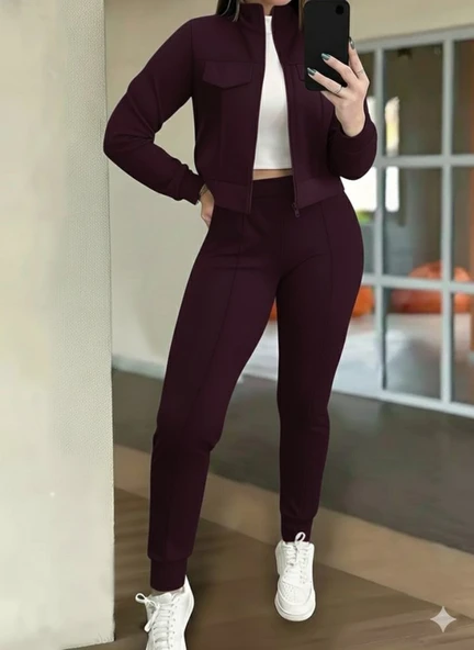 Kadın Uzun Kollu önden Fermuarlı Kısa Modal Mor Ceket Ve Pantolon Ikili Takım ürün görseli 1