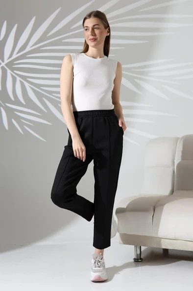 Kadın Uzun Kollu Dalıç Kumaş Cep Detay Beli Lastikli ütüsüz Pantolon - Resim 10