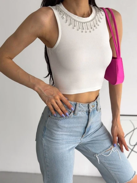 fitilli kaşkorse yakası zincirli atlet beyaz ürün görseli 1