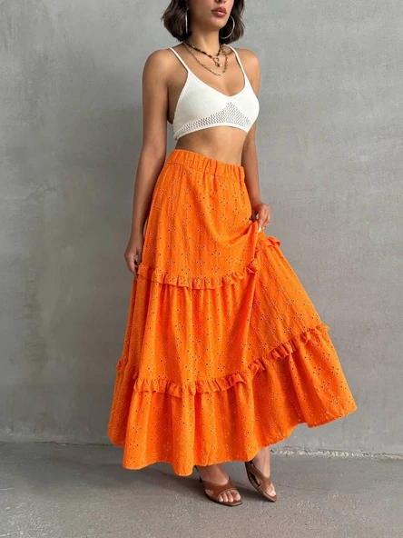 Fırfırlı brodeli astarlı uzun etek turuncu s255047 ürün görseli 1