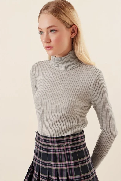 10311 Balıkçı Yaka Triko Kazak - Gri - Resim 4