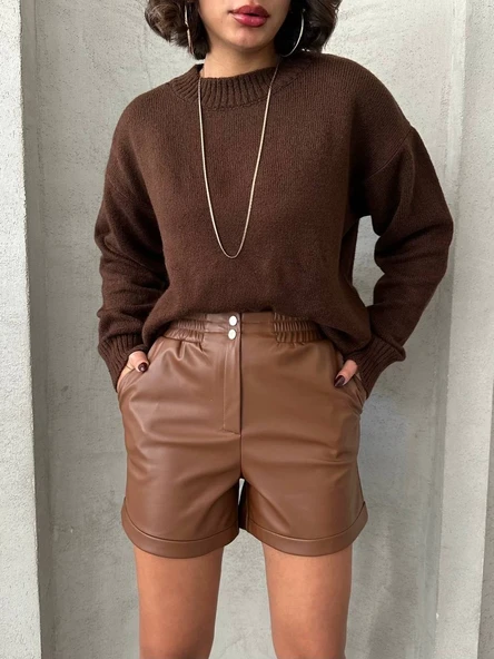 Beli lastikli çıtçıtlı deri şort kahve w241007 ürün görseli 1