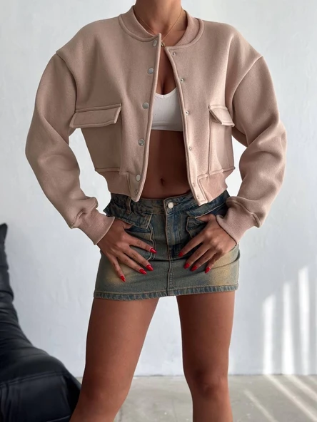 3 iplik şardonlu Önü çıtçıtlı cepli ceket bej f2226 - Resim 2