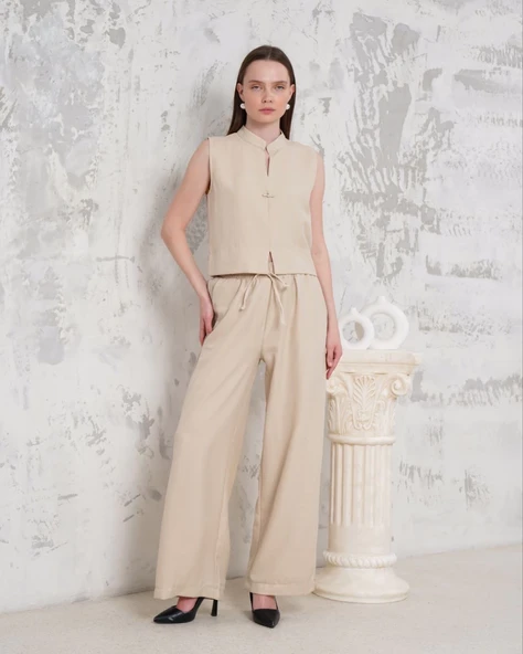 Broşlu yelek pantolon takım bej s255821 ürün görseli 1