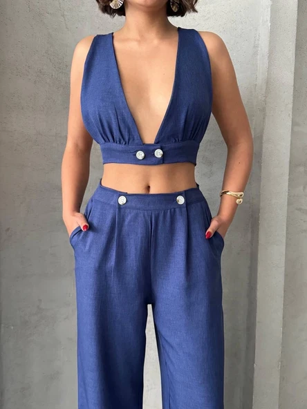 Crop pantolon keten takım s255012 - Resim 3