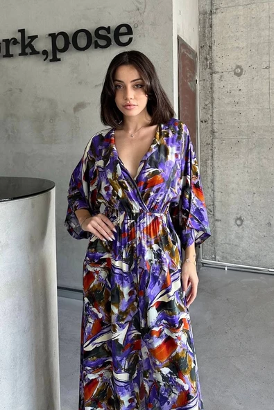 Dokuma baskılı yarasa kol elbise s8124 - Resim 2