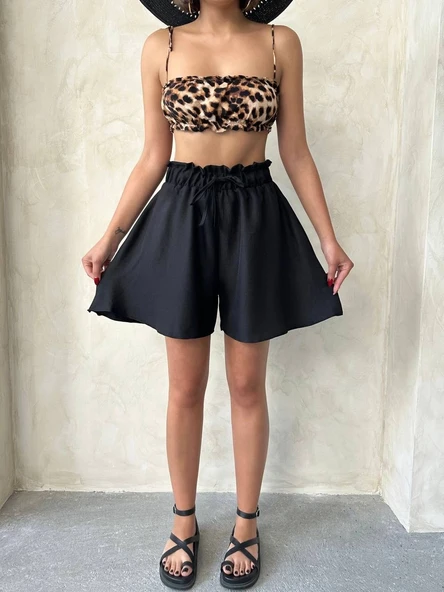 Volanlı keten şort siyah s255058 - Resim 8