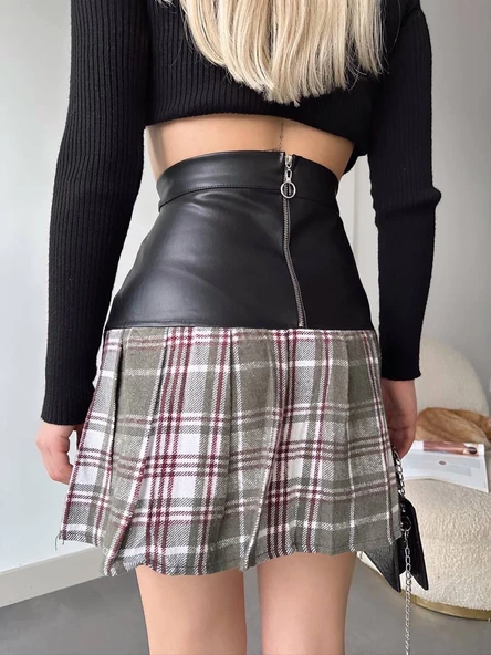 Deri garnili cepli ekose etek siyah s24604 - Resim 2