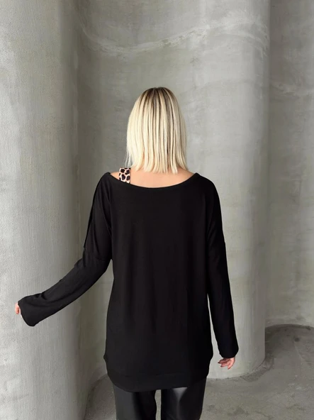 Kadın Kadife Kumaş Leopar Desenli Omuz Detay Uzun Kollu Bluz - Resim 4