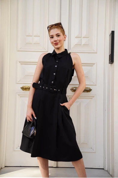 Gömlek yaka kemerli elbise siyah s255061 ürün görseli 1