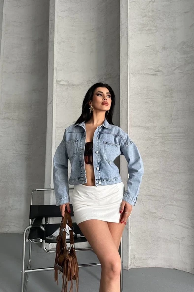 Çift cepli kol katlamalı kar yıkama crop kot ceket buz mavi d2000 - Resim 3