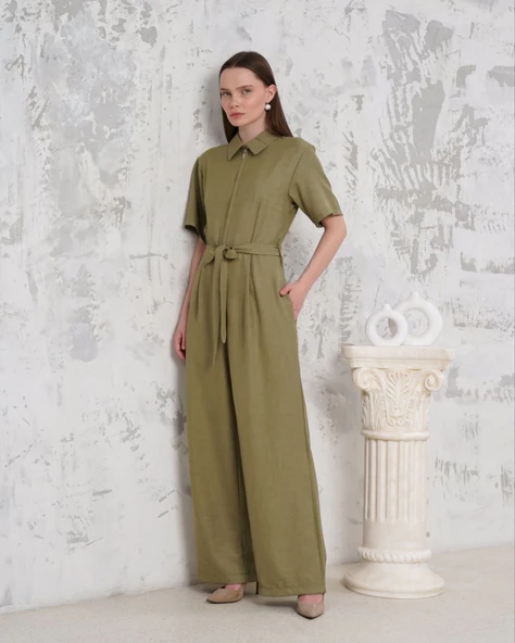 Kuşaklı gömlek yaka salaş tulum haki s255822 - Resim 5