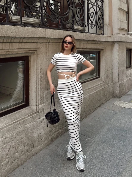 Çizgili etekli takım beyaz s3609 - Resim 5