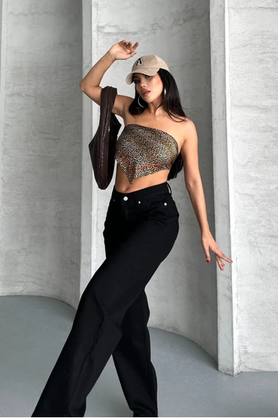 Palazzo straight enzim süper taş yıkama jeans pantolon siyah d2008 - Resim 2