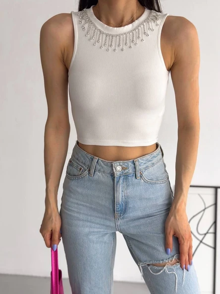 fitilli kaşkorse yakası zincirli atlet beyaz - Resim 2