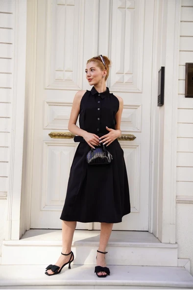 Gömlek yaka kemerli elbise siyah s255061 - Resim 6