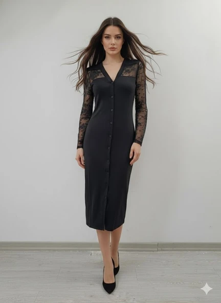 Kadın Uzun Kollu Transparan Detay Midi Boy Elbise ürün görseli 1