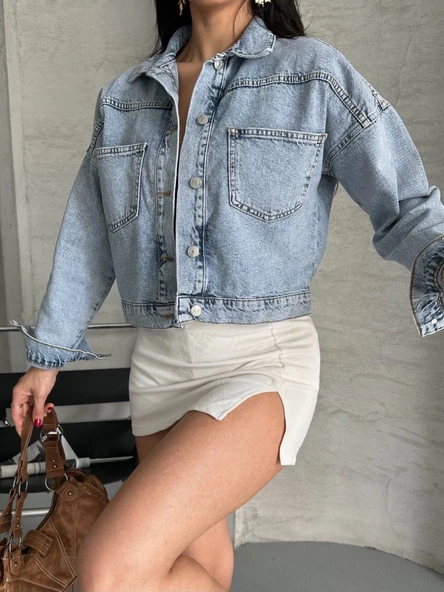 Çift cepli kol katlamalı kar yıkama crop kot ceket buz mavi d2000 - Resim 5