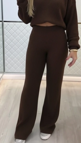 Kadın Uzun Kollu Balıkçı Yaka Kısa Triko Bluz Ve Pantolon Ikili Takım - Resim 3