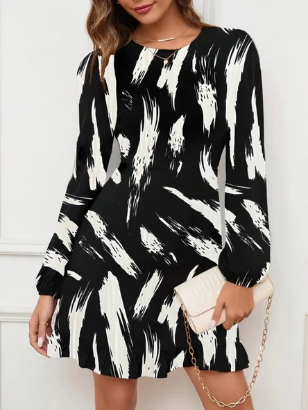 Kadın Uzun Kollu Bisiklet Yaka Desenli Kısa Krep Elbise ürün görseli 1