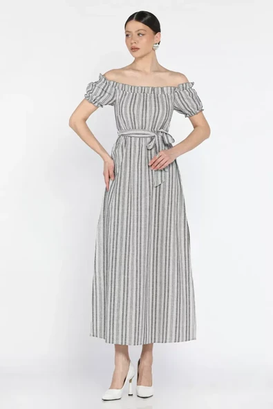 Madonna yaka midi yırtmaçlı kuşaklı keten elbise - Resim 5