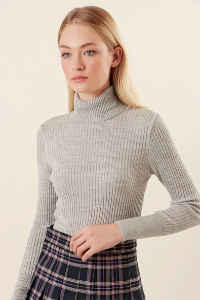 10311 Balıkçı Yaka Triko Kazak - Gri ürün görseli 1