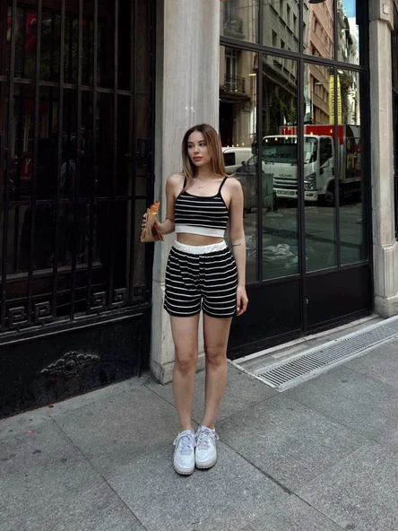 Çizgili şortlu takım siyah s3978 - Resim 3