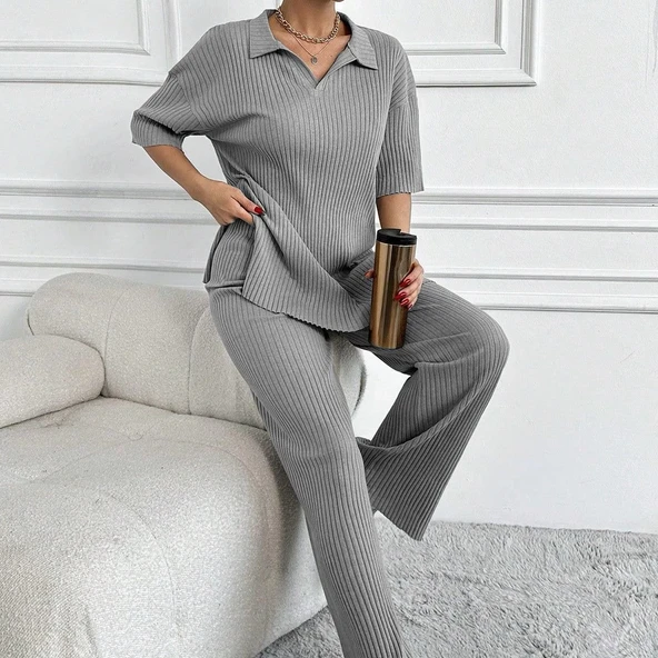 Geniş fitilli polo yaka kısa kol takım - Resim 2