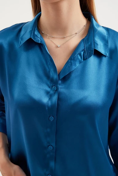 3964 Hafif Dökümlü Saten Gömlek - Petrol - Resim 4