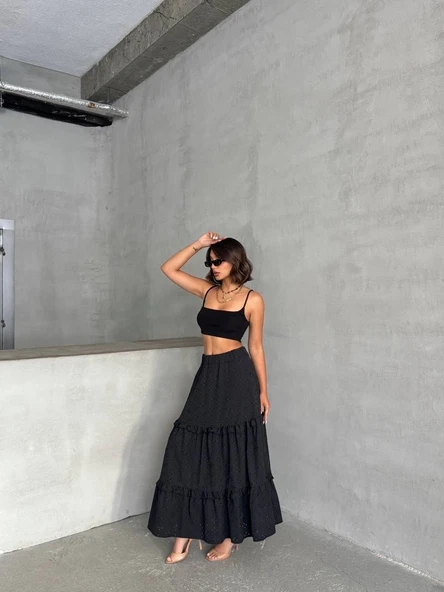 Fırfırlı brodeli astarlı uzun etek siyah s255047 - Resim 6